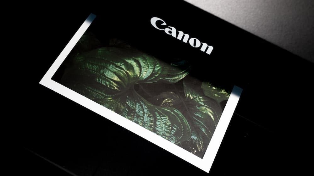 Zwarte canon printer met foto van plant