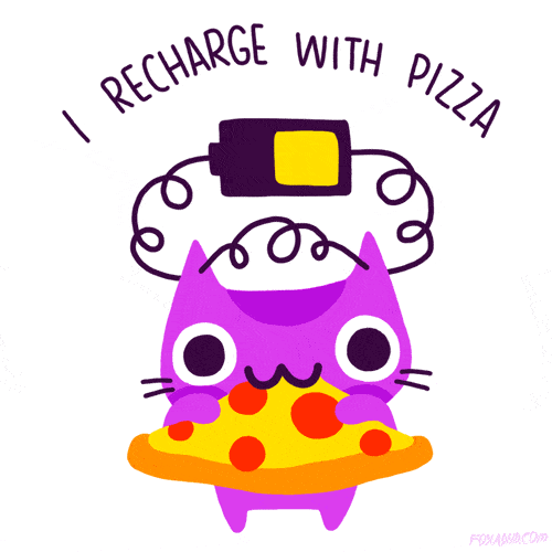Poppetje die zegt dat hij oplaadt met pizza